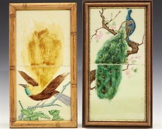 Two early 20th century Henry Richards Ceramic tile panels.  Each panel is comprised of two glazed tiles that are framed as one.  Includes a peacock on an Cream ground and an exotic bird, or "Bird of Paradise", on a Cream colored ground for a total of four tiles.  Marked "Richards England" and "England" respectively.  Crazing, some nicks, chips, and small flakes.  7 1/4 x 13 1/4" high overall.