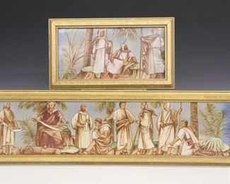 Three late 19th century Minton porcelain panels.  Hand painted panels depict a group of men in an exterior setting, surrounded by palm trees, a prophet speaks as the others listen and another transcribes. Includes one individually framed tile and two framed together.   The two that framed together contain Minton's mark, the other only impressed "England" with a transfer stamp.  Of the two framed together, one has a chip on the main figure's right arm and shows a scratch, crazing to both, the single has minor crazing.  Each panel is 12 x 6" high; the two framed is 26 x 7 3/4" high overall.  