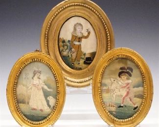 Three late 18th/early 19th century American miniature needlework portraits.  Multi-color embroidered images on silk with hand painted detail on faces.  Includes a pair of children with Sheep and another of a boy picking Cherries.  Unsigned, not examined out of the frames, all frames have been restored and re-painted.  Frames 6" and 7 1/2" high.  ESTIMATE $300-500