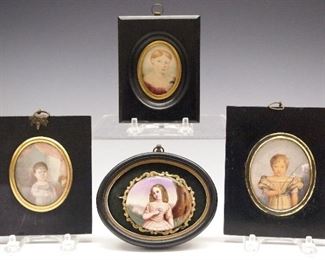 Four 19th century miniature portraits of children.  Oval images, three on paper and one on porcelain on a Victorian brooch.  Unsigned, minor wear, not examined out of the frames.  Up to 4 3/4" high.  ESTIMATE $400-600