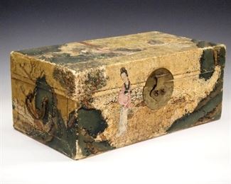 An early 20th century Chinese storage box.  Leather covered wooden box with hand painted figures in a landscape, Brass hasp and handles.  Wear and some edge damage.  9 x 15 x 6 1/2" high. 