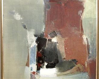 Alecos Kontopoulos (Condopoulos), Greek, (1904-1975).  Oil on canvas abstract composition entitled "Night Call".  Signed and dated lower left :A. Kontopoulos, 1964".  Retains a Forsythe Gallery (Ann Arbor) paper label verso.  Some surface grunge, 12" scratch left center with a 1 1/2" puncture to canvas.  Image 43 x 39" high, framed 45 3/4 x 41 3/4" high overall.  ESTIMATE $2,000-4,000  Ex. Estate of William A. Lewis, former University of Michigan Art Professor and Founding Member of The Ann Arbor Potters Guild.