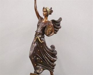 Erte (Romain de Tirtoff) Russian/French, 1892-1990.   Bronze sculpture entitled "Liberty, Fearless and Free".  Incised signature "Erte" and impressed "327/500, FINE ART ACQUISITIONS, JM-FAA, ©1984" at base.  Minor surface wear.  28 1/2" high, includes a Black laminate display pedestal with revolving top (12 x 12 x 30" high)  ESTIMATE $1,000-2,000