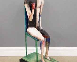 Eugene Jardin, American, 1947-1992.   Fiberglass resin sculpture entitled "Seated man".  Depicts a figure seated in a chair with a devil's mask hand in multi color paint decoration.  Minor surface wear.   Signed and dated at underside "E. Jardin, 1990".  46 1/2" high plus a 6" plinth.  ESTIMATE $800-1,200