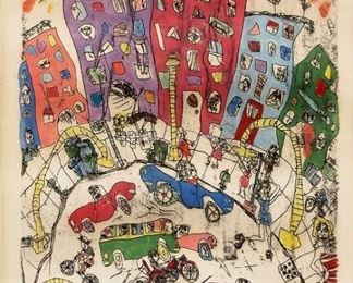 James Rizzi, American, 1950-2011.  Monoprint in colors entitled "On the Sidewalks of the City".  Signed "James Rizzi" lower left and dated "74" lower right.  Rippling to the paper, toning at edges, slight fading.  Image 6 x 8 1/4", framed 12 1/2 x 15" overall.  ESTIMATE $800-1,200