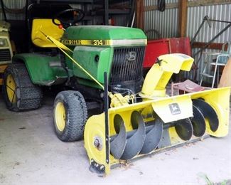 John Deere 314 Gas Powered Garden Tractor (Unknown Working Order, Tires Need Air) With John Deere 48" Snow Blower Attachment Model G049K