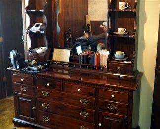 Ethan Allen Two Piece Dresser With Hutch Style Mirror Nine Drawer And Two Storage Cabinets 78.5" x 65" x 21"