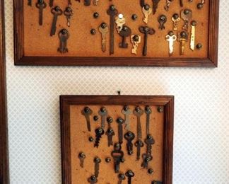 Unusual Vintage Key Collection On Framed Cork Boards, Qty 63 Keys