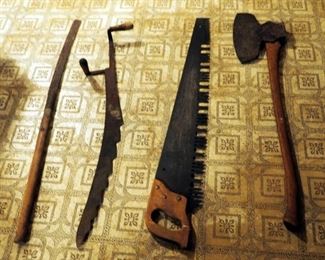 Vintage Hand Tools Including Ax, Scythe, Saw, And Machete, Qty 4