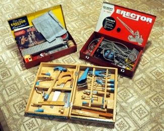 Vintage Gilbert Erector Sets Qty 2 In Metal Cases And Handy Andy Carpenter's Tool Chest