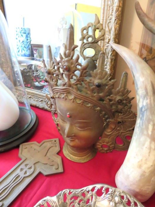 Gorgeous vintage brass Buddha bust with inlaid coral and turquoise beads