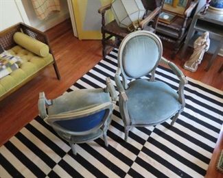 Lovely pair of blue velvet parlor chairs with designer labels