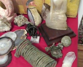 African bronze articles and gorgeous SE Asian carved marble Buddha