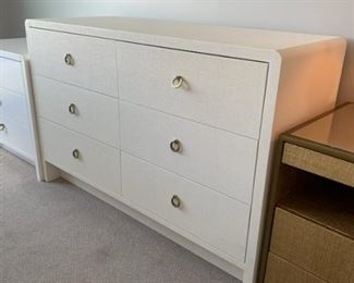 Modern 6 drawer dresser with a soft white raffia finish, rounded corners and ring pulls 34.5"H X 52"W  X  21"D (Picture 1 of 3).  Sale Price $325