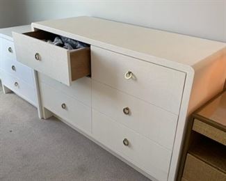 Modern 6 drawer dresser with a soft white raffia finish, rounded corners and ring pulls 34.5"H X 52"W  X  21"D (Picture 2 of 3).  Sale Price $325