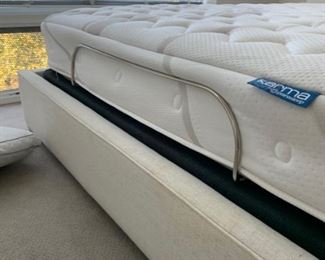 Queen platform bed frame features linen-inspired tufted upholstered headboard and upholstered side rails that create an elegant look for your room. Easy to assemble and disassemble. (Mattress not included.) Headboard measures 50"H X 67"W (Picture 4 of 5).  Sale Price $750