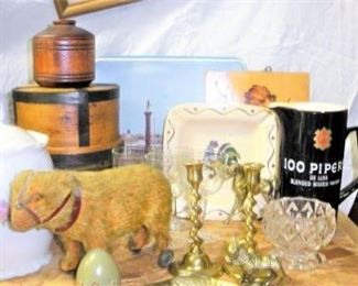 Woodenware, Straw Stuffed Animal Toys, English Brassware and Flint Glass
