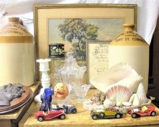 Small sampling of antique Stoneware Crocks & Jugs and Vintage English Toy Cars