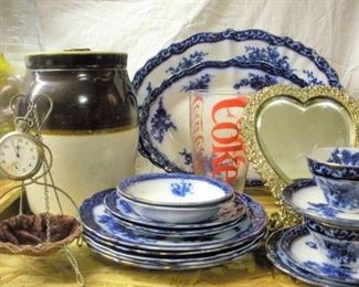 Flow Blue Porcelain China Touraine Pattern.  Several Antique Pocket Watches and Holders Available.  