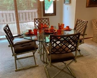 Vintage MILO BAUGHMAN Style Faux Brass Bamboo with Bamboo Lattice Table and Chair Set by DAYSTROM
