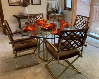 Vintage MILO BAUGHMAN Style Faux Brass Bamboo with Bamboo Lattice Table and Chair Set by DAYSTROM