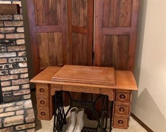 Vintage Wood Room Divider / Screen and Antique Singer Sewing Machine Cabinet