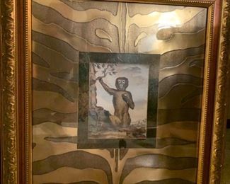 Bombay Style Framed Monkey Print with Zebra Pattern Matting
