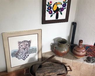 Southwest pottery, copper pots, framed prints and more