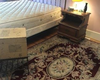 Queen Iron Bed with Sterns and Foster Mattress set, nightstand, storage box, area rug and lamps
