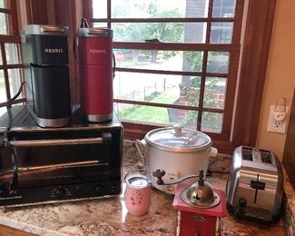 Toaster oven, Keurig coffee makers, toaster, crock pot, vintage coffee grinder and more!