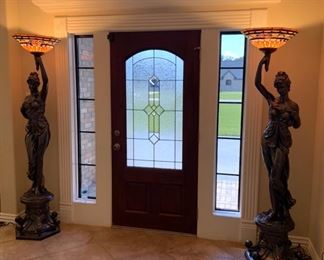 PAIR OF 7 FEET TALL LADY LIBERTY LAMPS WITH TIFFANY DESIGN AND LEADED SHADES
