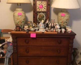 antique chest of drawers, lamps, home decor