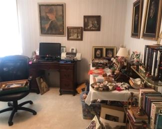 vintage desk, office chair, books, framed prints, Dell computer, Epson printer