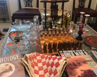 chess set, books, side chairs