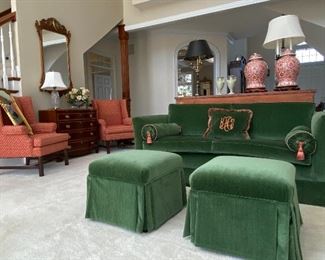 CUSTOM UPHOLSTERED SOFAS, OTTOMANS  AND CHAIRS - BEHIND GREEN SOFA A PAIR OF ANTIQUE CHINESE PORCELAIN TEMPLE JARS