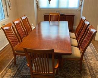 Wood Table with Walnut Inlay and Eight Chairs