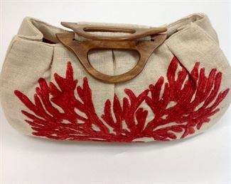 Moyna Natural Wood Handle Bag with Satin Lining and Embroidered Coral Design. 