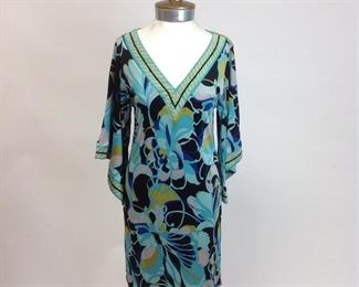 Trina Turk 100% Silk Teal Floral V Neck Dress 