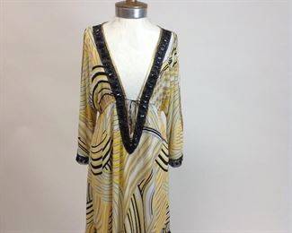 Kasha de Gelaque Yellow Print Dress with Black Beaded Detail 