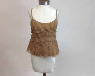 Max Studio 100% Silk Tan Spaghetti Strap Top with Ruffle Detail 