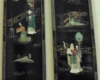 Black lacquer and gemstone wall panels-four