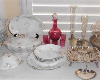 Decanters and glassware. Haviland china