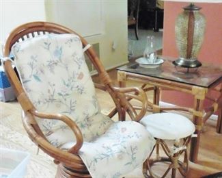Smaller rattan swivel chair, footstools, side table