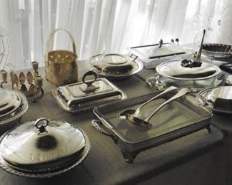 Silverplate and etched crystal serving pieces