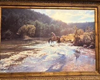"Refreshing Moment" is vintage Wygant - the lone cowboy on his horse taking a quiet moment to refresh themselves for the day ahead.  (Texas artist Bob Wygant)