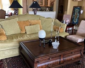 Over-sized and very comfortable sofa; good-looking coffee table (Sofa table lamps - not available.)