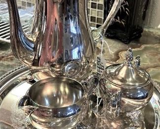 Silverplate coffee pot, creamer, and sugar