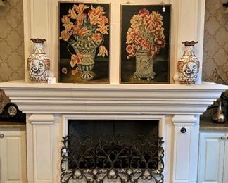 Coordinating art, vases, and stools