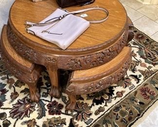 Carved & compact---small table & 4 stools