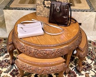 Unique small carved table & 4 stools; Kate Spade and Brighton purse;
